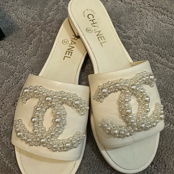 CHANEL Shoes - CHANEL Ivory Pearl Embellished Sandals